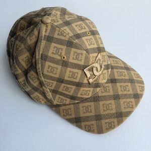 Vintage DC Skate Baseball Hat L-XL Tan Monogram Logo Embroidered Y2K FlexFit Cap